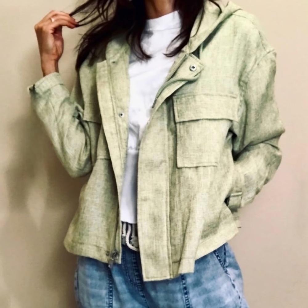 AVEC LES FILLES Green Knit Woven Zip Front Hooded Boxy Utility Jacket Size Large